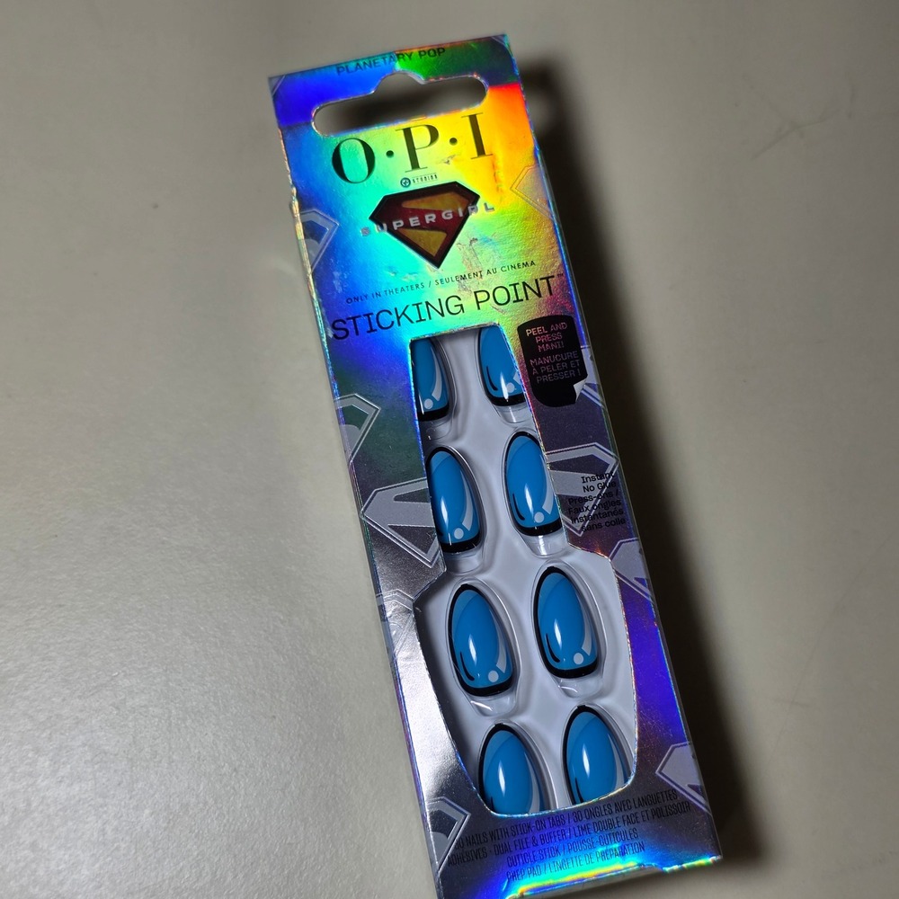 OPI Supergirl Sticking Point Press On Nails Planetary Pop Blue Long Length NEW